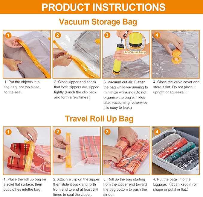 AGPTEK 20pcs Vacuum Storage Bags(4 Jumbo/4 Large/4 Medium/4 Small/4 Roll)Compression Storage Bags for Comforters, Blankets, Vacuum Sealer Bags for Clothes Storage, Perfect for Home Storage and Travel