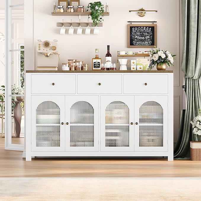 FINETONES Buffet Cabinet with Storage, 55.1" Large Sideboard Buffet Cabinet, Farmhouse Kitchen Cabinets with 3 Drawers and 4 Doors, Wood Coffee Bar for Kitchen Dining Room