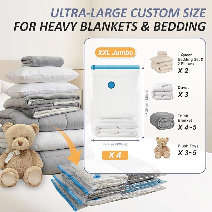 Cozy Essential Vacuum Storage Bags, 80% Compression Vacuum Seal Space Saver Plastic Packaging Bags for Clothes, Blankets, Pillow, Bedding, Comforters, Sealer Clothing Storage,4 XXL Jumbo