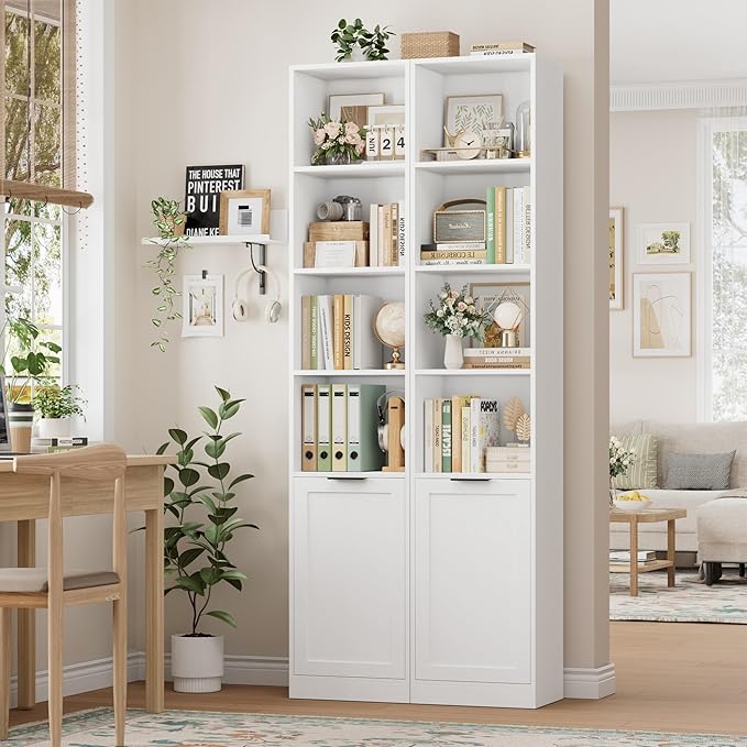 FACBOTALL 73.5" Tall Narrow Bookshelf, Tall Bathroom Storage Cabinet, Slim Bathroom Cabinet with Doors, 6 Tier Slim Bookshelf with Storage, Narrow Storage Cabinet for Living Room, Home Office, White