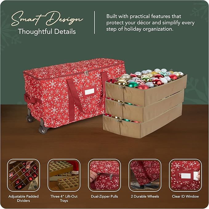 Covermates Keepsakes Rolling Adjustable Ornament Storage Bag – Heavy-Duty Polyester, FlexGrid Trays & Padded Dividers – Protective Holiday Organizer with Wheels, Handles & ID Window, Red Snowflake