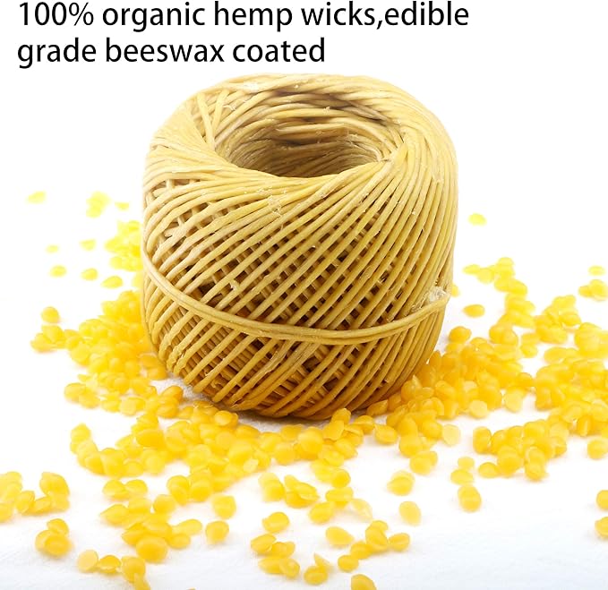 MILIVIXAY 100% Organic Hemp Candle Wick with Natural Beeswax Coating, 200 FT Spool, Standard Size (1.0mm)+ Wick Sustainer Tabs (200PCS).