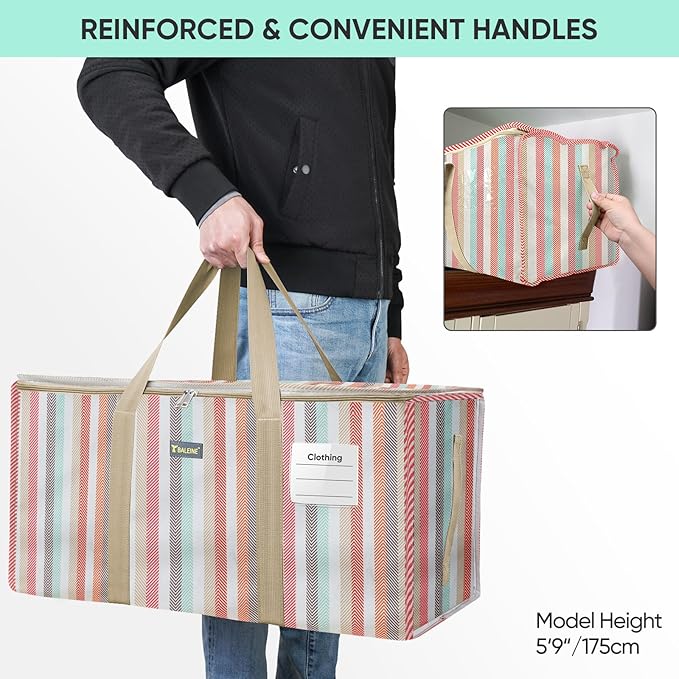BALEINE Extra Large Storage Tote with Zippers & Carrying Handles, Heavy-Duty Oxford Fabric Moving Bags for Laundry, Space Saving, Storage, 2-Pack, Color Stripe