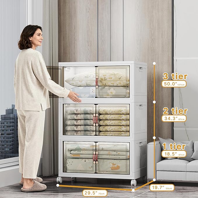 Stackable Storage Bins with Lids, 960QT Closet Organizers and Storage with Doors and Wheels, Extra Large Storage Cabinet, Collapsible Plastic Drawers for Bedroom Kitchen Office Garage
