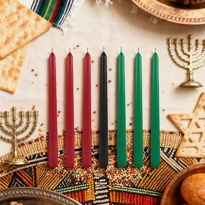 Kwanzaa Taper Candles, 3 Red,3 Green and 1 Black, 10 Inch Smokeless and Dripless Tall Candlestick, 8-8.5 Hour Long Burning time,African Holiday Mishumbaa Saba