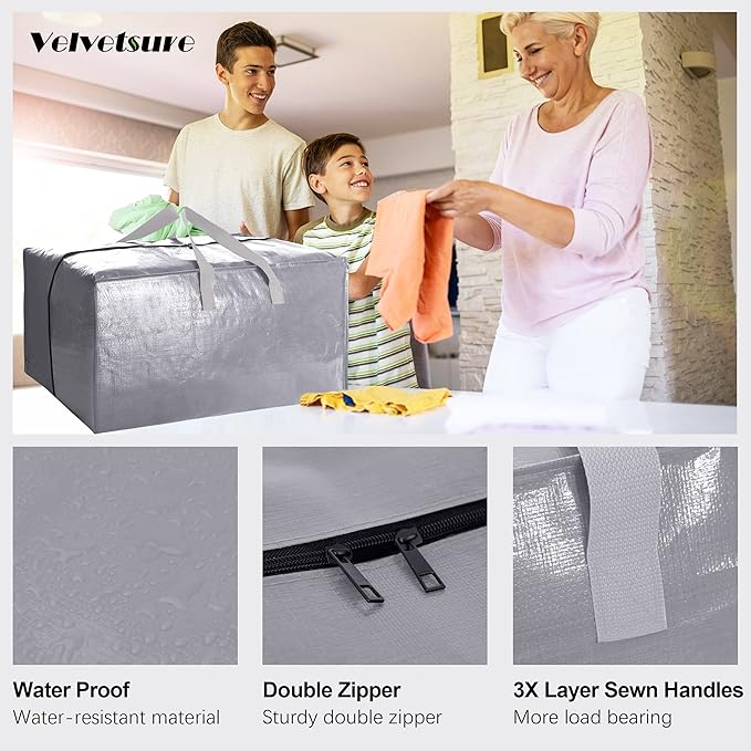 VELVETSURE Heavy Duty Extra Large Moving Bags W/Backpack Straps - Strong Handles & Zippers, Storage Totes For Space Saving, Fold Flat, Alternative to Moving Box and Storage Bin (Set of 6, Silver)