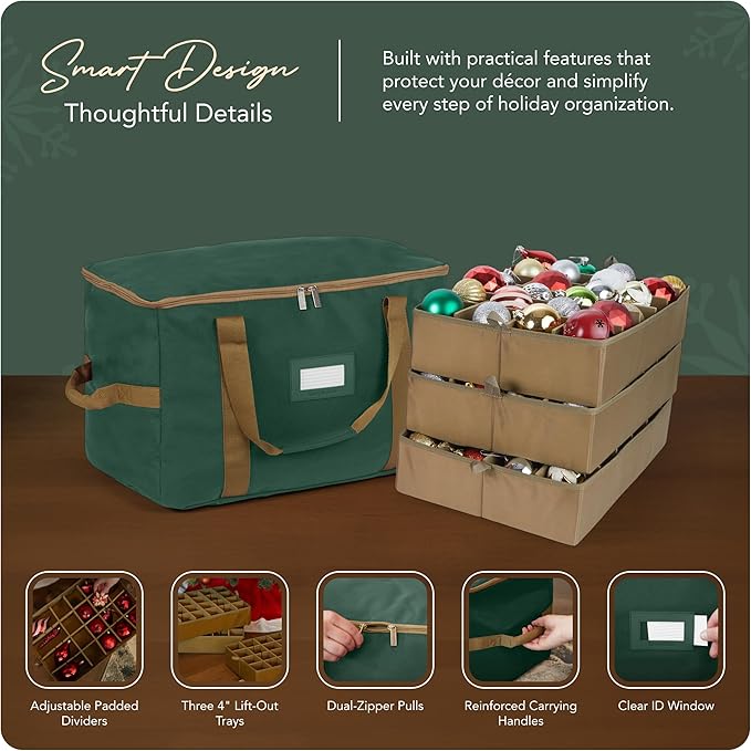 Covermates Keepsakes Adjustable Ornament Storage Bag – Heavy-Duty Polyester, Padded Dividers & FlexGrid Trays – Protective Holiday Ornament Organizer with Handles & Label Window, Green