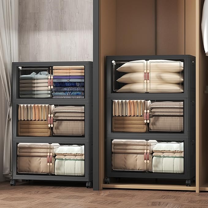 Extra Large Stackable Storage Bins with Lids & Wheels, Foldable Collapsible Closet Organizers Dark Storage Cabinet with Doors for Bedroom Dorm