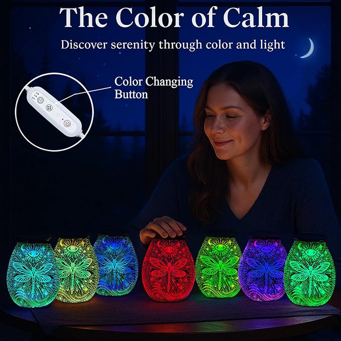 Leyoue 3D Glass Fireworks Electric Wax Melt Warmer with PTC Heating Plate 7 Colors LED Changing Light Wax Burner Melter Fragrance Warmer for Home (Dragonfly)