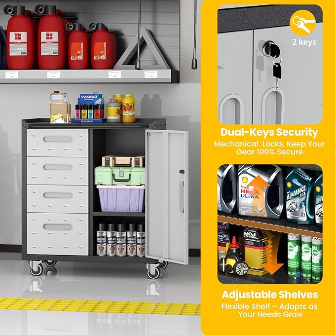 Garage Storage Cabinets with Wheels, Locking Metal Storage Cabinets with 4 Drawers and 1 Doors, Easy Assembly Rolling Tool Cabinet for Garage, Basement,Warehouse