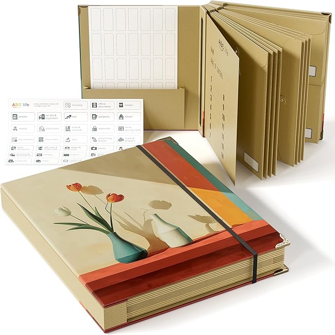 ABC life Document Organizer, Expanding File for Important Papers, Passports, Birth Certificates, Passports, Photos and Letters, Spine-Free Design with Elastic Closure - Oil-Painted Vase