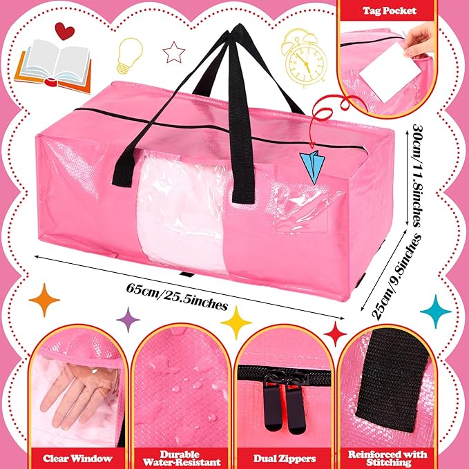 6 Pack Extra Large Heavy Duty Dorm Moving Bags with Clear Window, Strong Carrying Handles, Backpack Straps and Zippers for Saving Space Storage Totes Clothes Storage Bag Moving Supplies