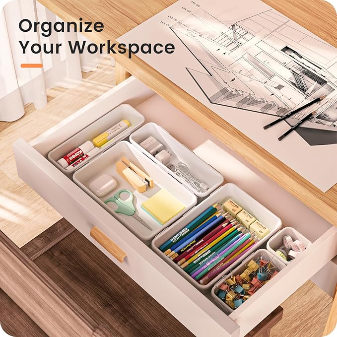【𝟮𝟴𝗣𝗖𝗦】 【𝟱𝗦𝗶𝘇𝗲】 White Drawer Organizer, Makeup organizer, 【Holds 177 Items】 Bathroom Organizers and Storage, Plastic Desk Organizer Divider, Organizer Bins for Office Vanity A-LUGEI