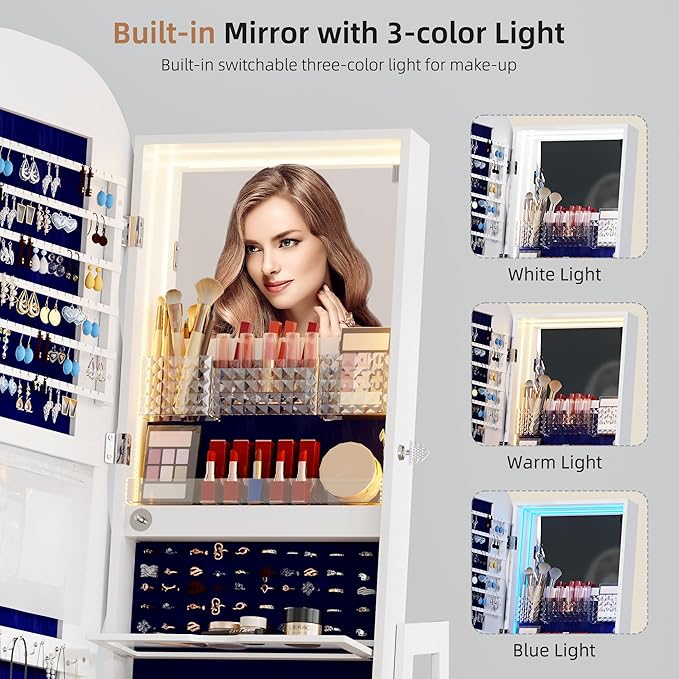 Lvifur 360° Swivel Jewelry Cabinet with Lights,LED Jewelry Organizer with Full Length Mirror, Lockable Wavy Mirror Jewelry Cabinet Standing with Rear Storage Shelves,Makeup Tray,White