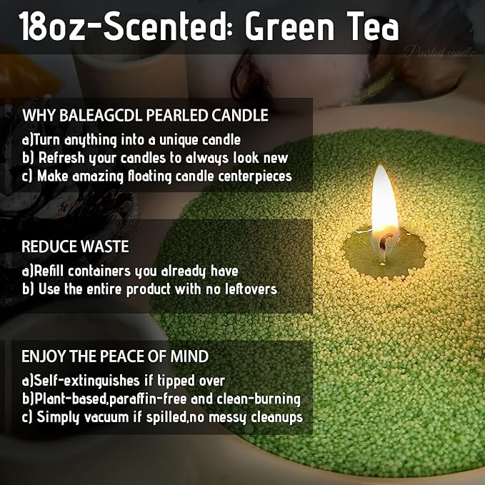 Pearled Candle 18 Oz with 30 Wicks - Green Tea Scented Sand Candles Light Green Refillable Wax Lasts up to 120 Hours - Smooth and Clean Burning for Candle Making