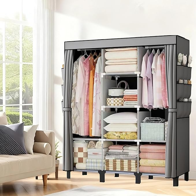 Portable Wardrobe, Easy Hanging Closet 6 Side Pockets Large Capacity Clothes Organizer Comes with 2 Hanging Poles and Shelves, Width 130cm, Depth 45cm, Height 172cm (Grey)