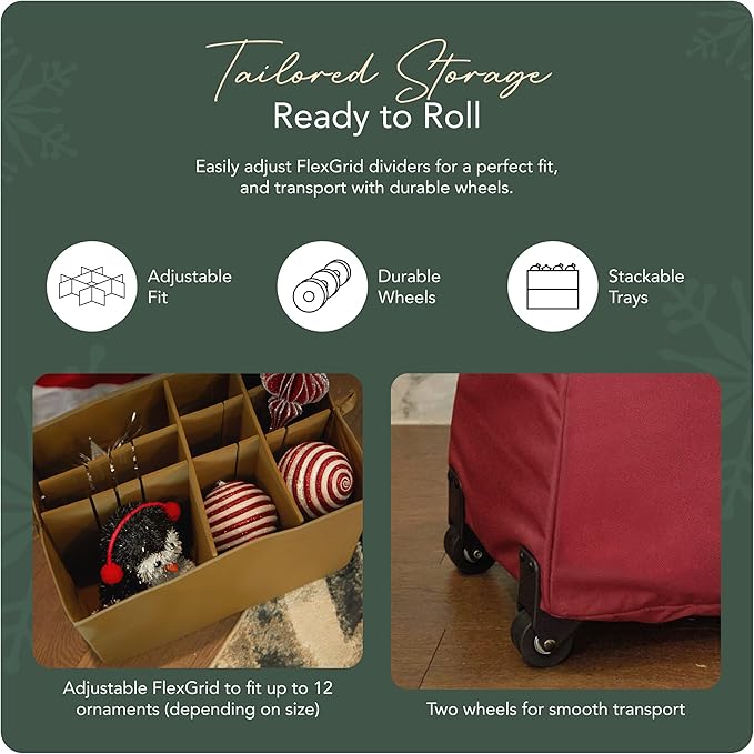 Covermates Keepsakes Rolling Adjustable Ornament Storage Bag – Heavy-Duty Polyester, FlexGrid Trays & Padded Dividers – Protective Holiday Organizer with Wheels, Handles & ID Window, Red