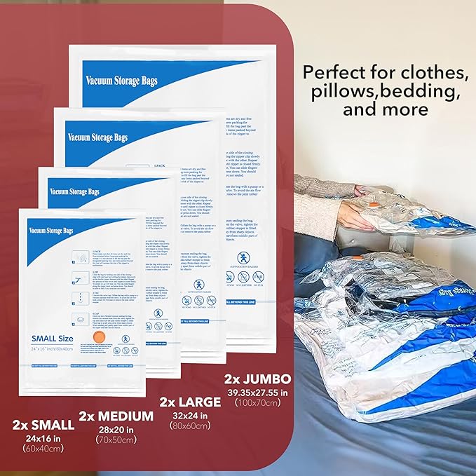 Vacuum Storage Bags With Electric Pump, Space Saver Sealer Bags,Vacuum seal bags for clothing, Pillows, Comforters, Blankets, Bedding,Travel,8 Pack