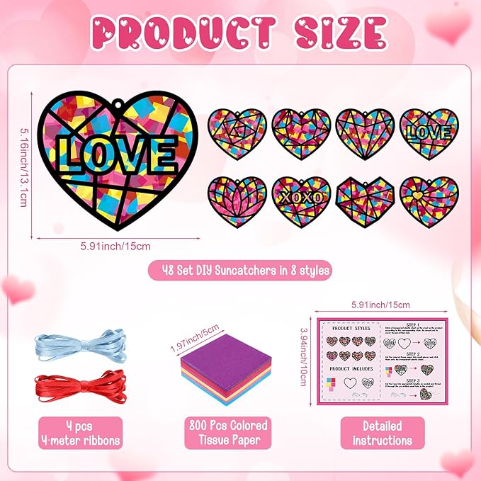 Tinlade 48 Set Valentine's Day Suncatchers Crafts Kit Valentines Heart DIY Window Stained Glass Tissue Paper Red Love Hanging Ornaments Make Your Own Suncatcher Summer Home School Classroom Activities