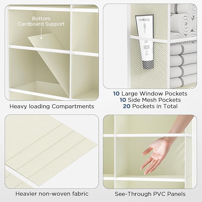5-Tier Over The Door Organizer with 10 Side Mesh Pockets & Clear Windows, 80 lbs Weight Capacity Hanging Storage for Bathroom, Bedroom, Nursery, Kitchen, Organize Shoes, Diapers(Clear Beige)