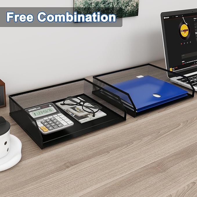 Natwind 2-Tier Stackable Paper Tray, Metal Mesh Desktop Organizer, A4 Paper Sorter, Letter Trays,File Folder Sorter Organizer with Sliding Tray for Home, Office, School (Black)
