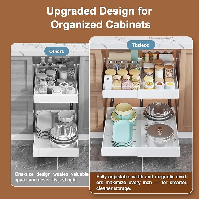 Expandable Pull Out Drawer for Cabinets, 21" Deep, Adjustable 12–20" Width – Magnetic Dividers, Optional Riser, Heavy-Duty 3-Rail Glide, No-Drill Roll-Out Shelf Organizer for Kitchen, White