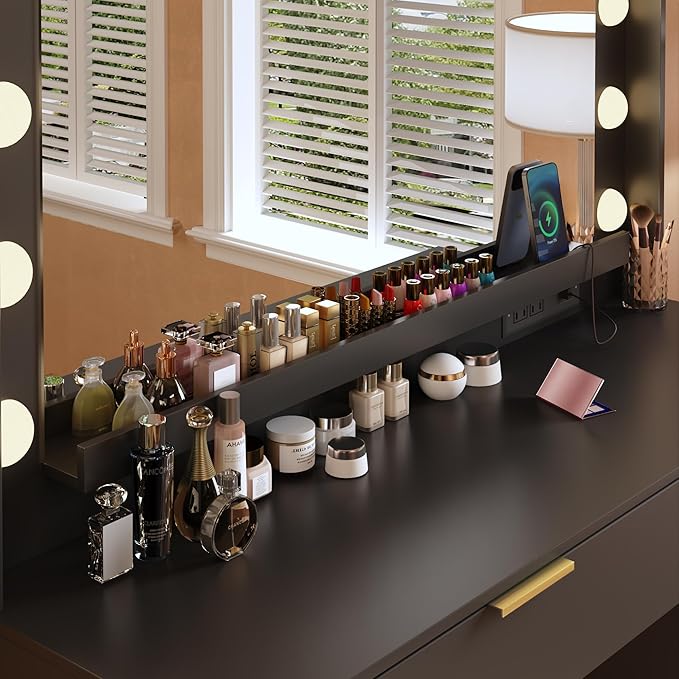 Makeup Vanity Desk with Mirror and Lights, 39.3in Vanity Desk with LED Lights, 3 Color Modes, Built-in Power Outlet, Vanity Desk with Large Storage & 5 Drawers for Bedroom and Dressing Room, Black