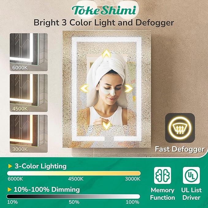 TokeShimi 40x32 Led Medicine Cabinet Mirror for Bathroom with Outlet, Medicine Cabinet with Lights 3 Colors Dimmable and Defogger, Surface or Recessed Mount Mirror with Storage Modern Bathroom