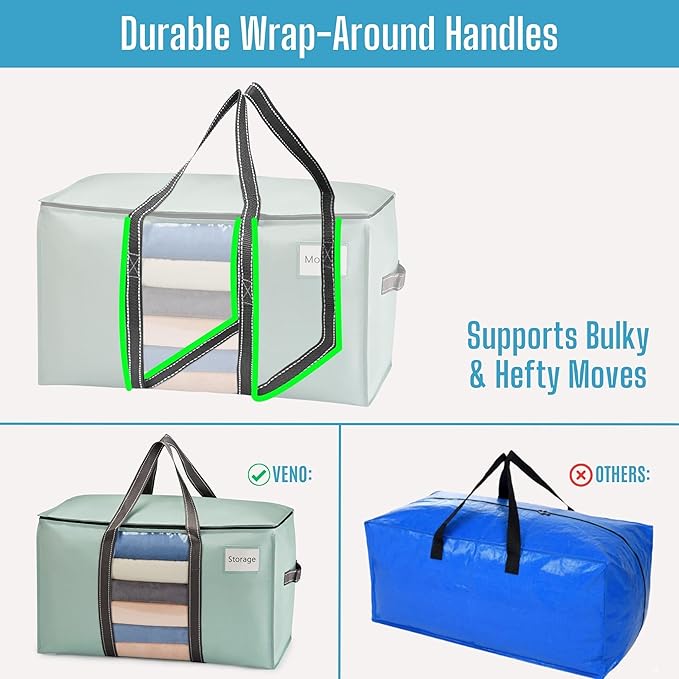 VENO 2 Pack Moving Bags with Clear Window, Heavy Duty Storage Bins with Lid, Around Handles, Tag, Zippers, Extra Large Totes Packing Moving Boxes Supplies for College Dorm Clothes (Light Green)