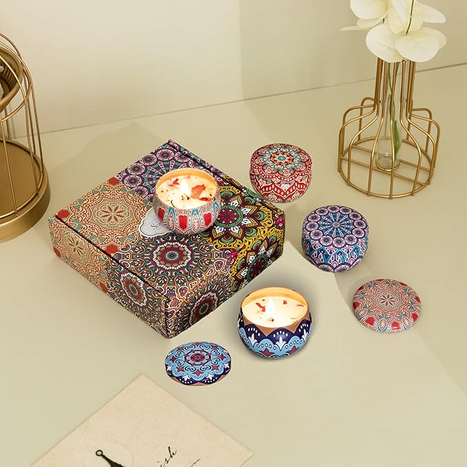 Scented Candles Gift Set, 2.5 oz Aromatherapy Candles for Home, Portable Hotel Candles, Natural Soy Wax Tin Jar Candles for Yoga, Bath, Long Lasting Time Candles Gift for Women 4 Pack