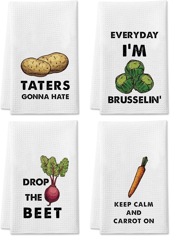 DETIHO Funny Veggie Kitchen Towels, Set of 4 Dish Towels for Washing Drying Dishes, Decorative Hand Tea Towels for Housewarming (A04)