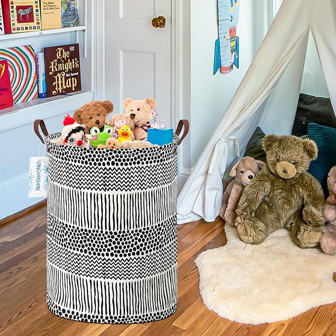 LANGYASHAN Laundry Basket Canvas Fabric Collapsible Organizer Basket for Storage Bin Toy Bins Gift Baskets Bedroom Clothes Children Nursery Hamper (Black line)