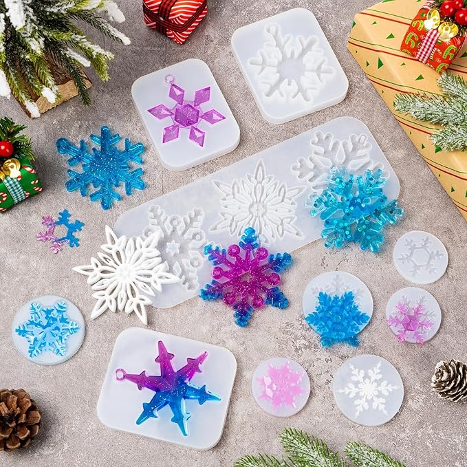 LSLYHTC 13Pcs Snowflake Silicone Resin Mold, Christmas Ornament Molds with 3 Straws, Epoxy Resin Mold SnowflakeResinMolds for Ornament, DIY Christmas Gift and Jewelry Pendant Decoration