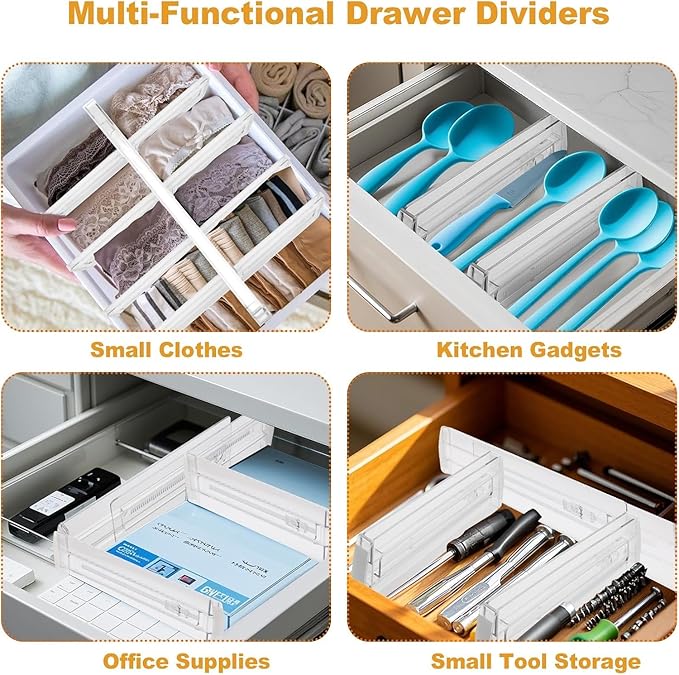 6 Pack Adjustable Drawer Dividers - 4" High Clear Expandable Dresser Organizers 10"-17" Length, Transparent Drawer Separators for Clothes, Underwear, Cosmetics & Kitchen Utensils Storage