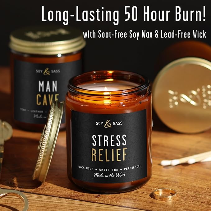 Stress Relief Candle I Relaxing Scented Black Candles for Men or Women w/Spearmint, White Tea & Eucalyptus Candle - Infused w/Essential Oils | Long 50Hr Burn,9oz I Non Toxic Aromatherapy I Made in USA