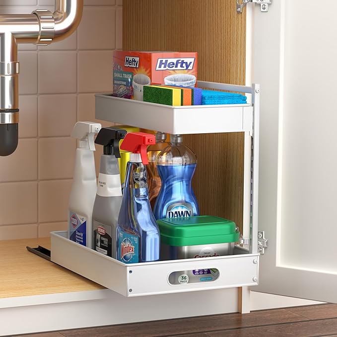Sorbus Under Sink Organizer with Sliding Tracks – Pull Out Cabinet Organizer with Drawer & Installation Rails – Under Cabinet Bathroom Storage Organizer for Kitchen, Pantry, or Vanity –White 1 Pack