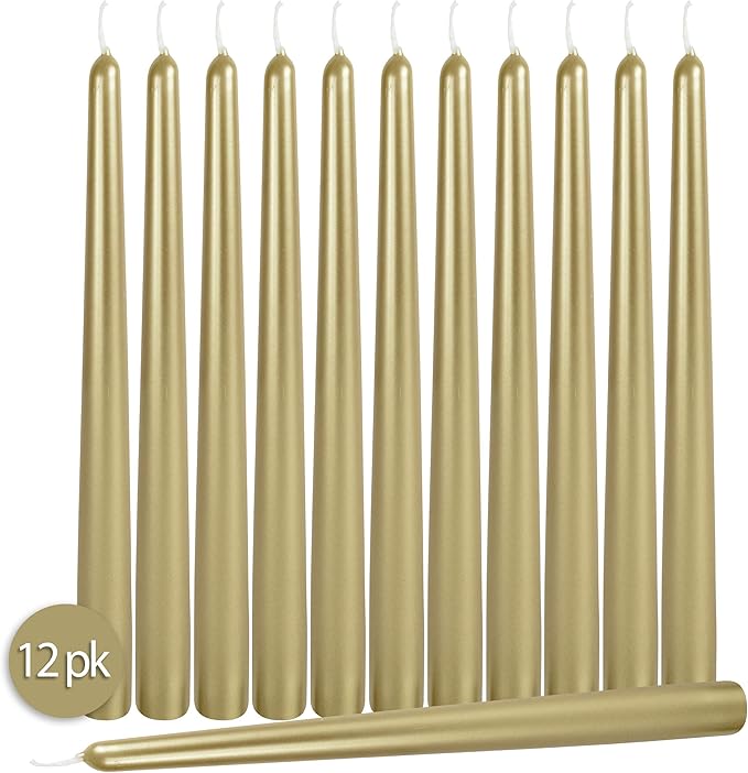 Hyoola Tall Metallic Cream Gold Taper Candles - 10 Inch - Dripless - 12 Pack - 8 Hour Burn Time