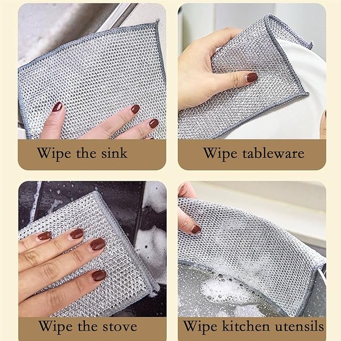 10-Pack Double-Layer Dry/Wet Dual-Use Metal Wire Non-Scratch Cloth Multi-Purpose Magic Cleaning Cloth Silver Wire Dish Cloth for Cookware, Tableware, Sink, Stove Cleaning, etc.(10PCS)