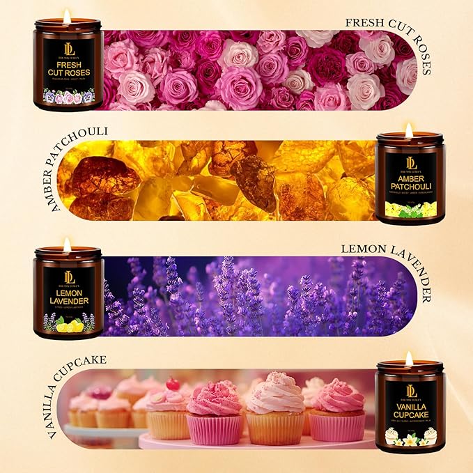 4 Pack Candles for Home Scented, 28 oz Soy Aromatherapy Candle Set, Candle Gifts for Women Men, Scents of Fresh Cut Roses/Lemon Lavender/Vanilla Cupcake/Amber Patchouli