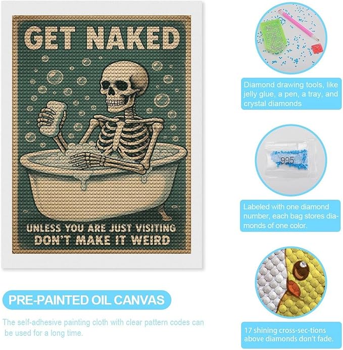 KIVJMSIDJA Skull —Get Naked Unless You are Just Visiting Diamond Art Kits for Adults for Beginners, 5D Full Diamond Art Paint 12"x16"