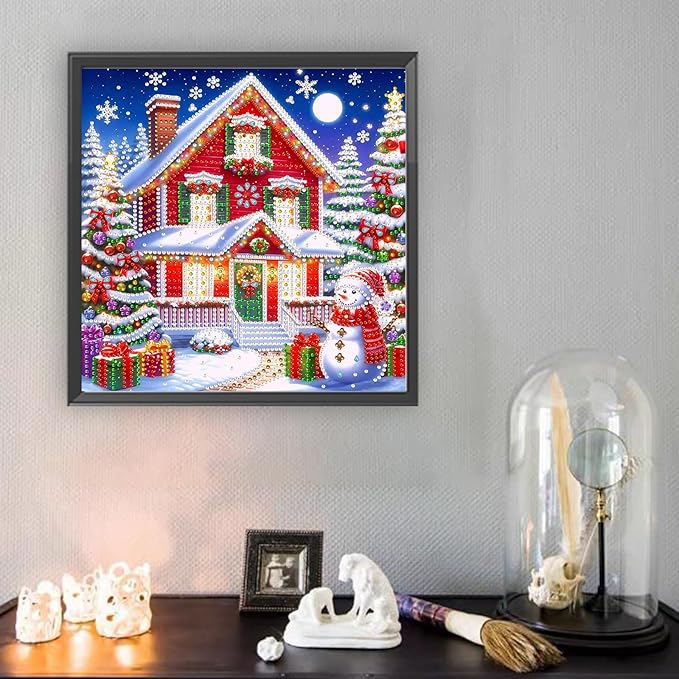 5D Snowman Xmas House Special Shape Diamond Art Kits for Beginners, Christmas Winter Theme Diamonds Painting Kits for Adults,DIY Crystal Rhinestones Diamond Paintings for Home Wall Decor 12×12Inch