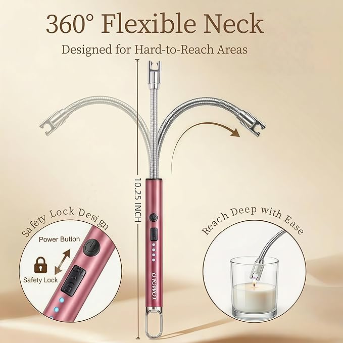 TOMOLO Electric Candle Lighter, Long Flexible Neck Lighter with Safety Switch, Windproof Plasma Flameless USB Rechargeable Lighters for Candles, Grill, Camping & Gas Stove, 2-Pack (Black & Rose Gold)