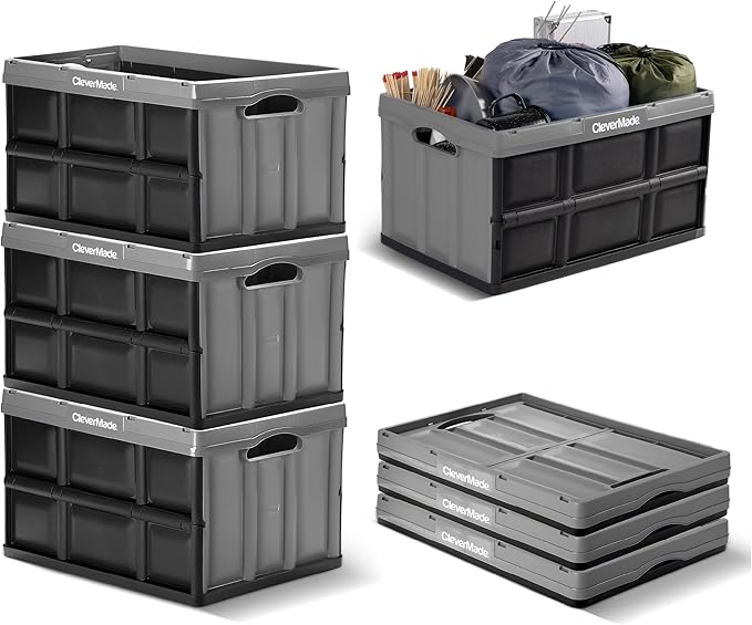CleverMade Collapsible Storage Bins 46L (3-Pack) – Heavy Duty Collapsible Plastic Storage Bins, Stackable Folding Storage Bins for Car, Garage, Home Organization - Foldable Bins, Stone