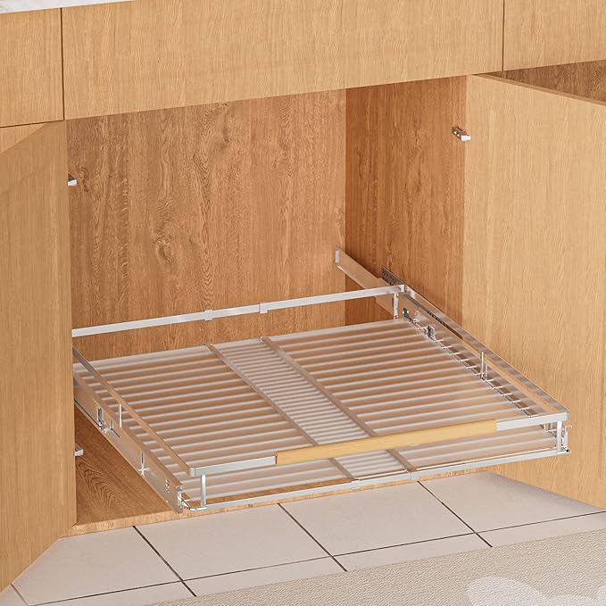 SANNO Pull Out Cabinet Organizer with Expandable Sliding Shelves for Cupboard Pantry, Steel Metal Sliding Shelf, Chrome Finish