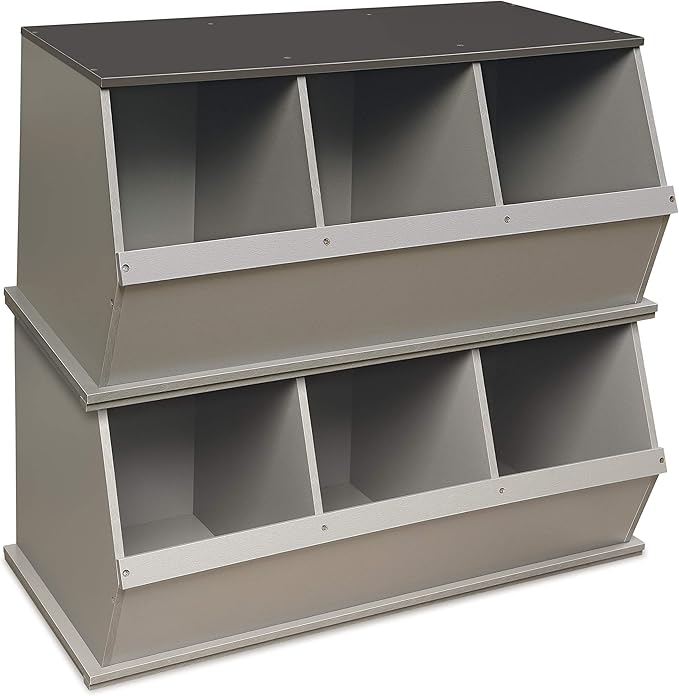 Badger Basket Three-Bin Stackable Storage Cubby – Woodgrain Gray, Expandable Storage with Top Display Shelf for Toys, Crafts & More