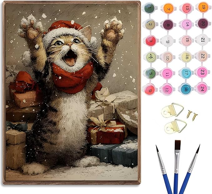 Paint by Number Kit for Adults & Kids, Christmas Cat with Gifts 16x20 Inch, DIY Acrylic Painting Kit with Brushes & Paints, Holiday Art Craft for Home Decor Unframed