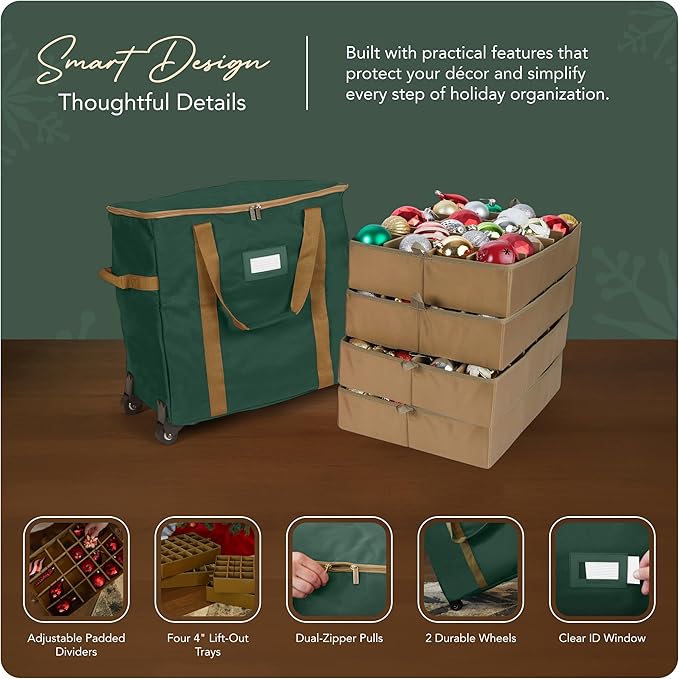 Covermates Keepsakes Rolling Adjustable Ornament Storage Bag – Heavy-Duty Polyester, FlexGrid Trays & Padded Dividers – Protective Holiday Organizer with Wheels, Handles & ID Window, Green