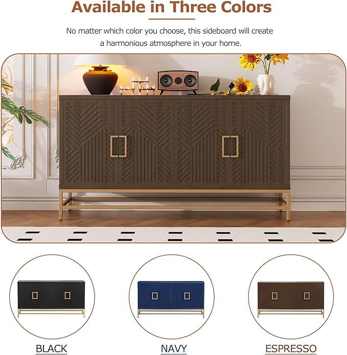 Amposei Retro Accent Sideboard Cabinet 59.8-Inch Credenza Console Storage Cabinet Dining Buffet Table with 4 Doors & Adjustable Shelves for Living Room Entrance, Espresso