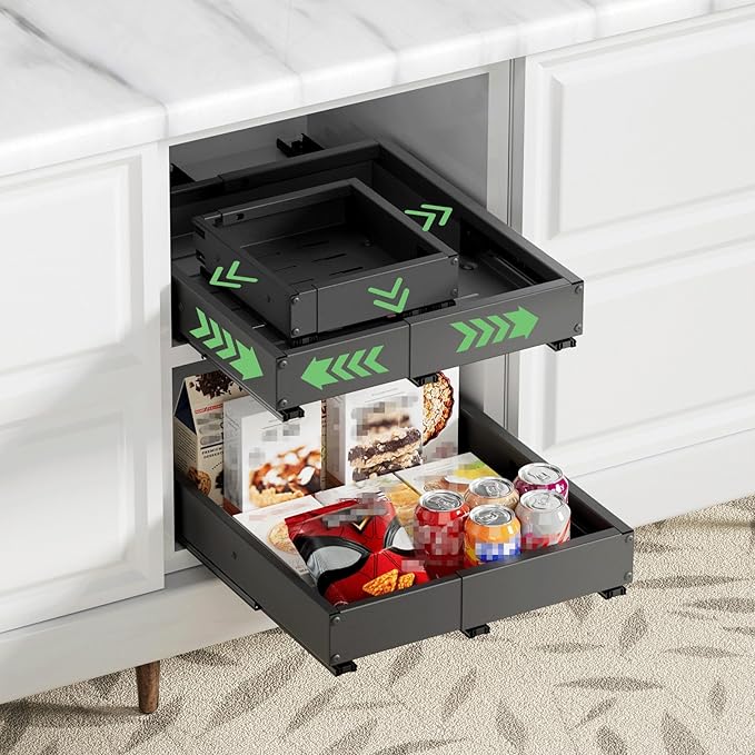 2 Pack Pull out Cabinet Organizer, Width (10"-15") Depth (11"-17"), with 3 Rails Adjustable Slide, Expandable Drawers for Cabinets, No Drill Adhesive Kitchen Drawers for Pantry Shelves black