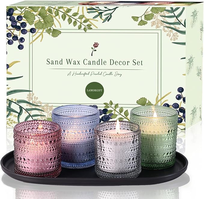 LAMORGIFT Pearled Candle Making Kit- Sand Wax Gift Set- 3.3LB Candle Sand with Wicks, 4 Pcs Glass Candle-Jars with Plastic Tray, 40ml Fragrance Oils Accessories for DIY Scented Candles & Home Decor